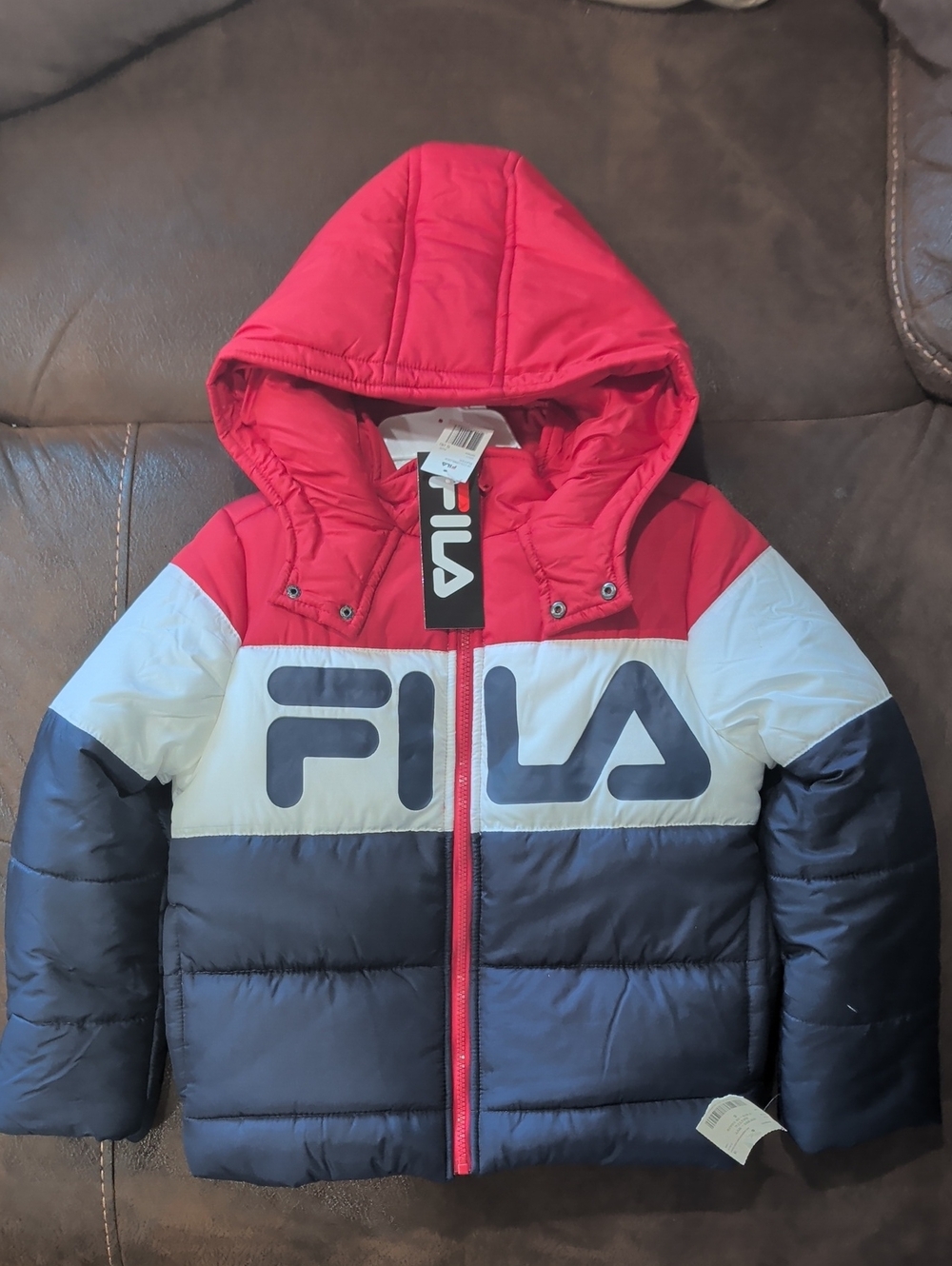 FILA Boys Red, White & Navy Colorblock Hooded Puffer Jacket "NWT"